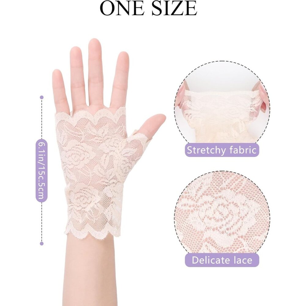 Women's Apricot Fingerless Floral Short Lace Gloves Halloween Party Accessories - Picture 2 of 5
